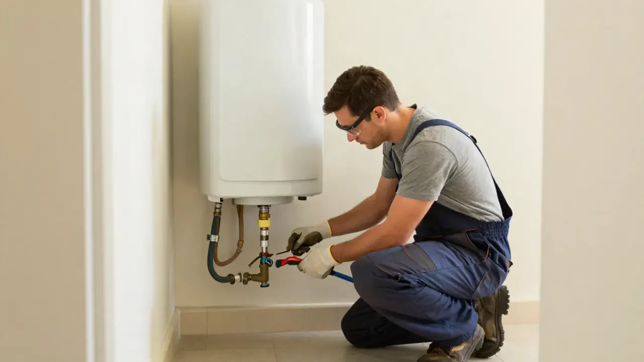 Water Heater Repair in Aliso Viejo, California: plumber kneeling, actively inspecting the base of a gas water heater in a