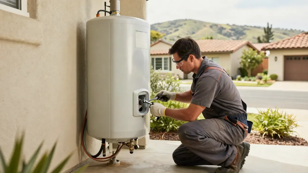 Electric Water Heater Element & Thermostat Repair in Aliso Viejo, California: plumber using a socket wrench to unscrew a
