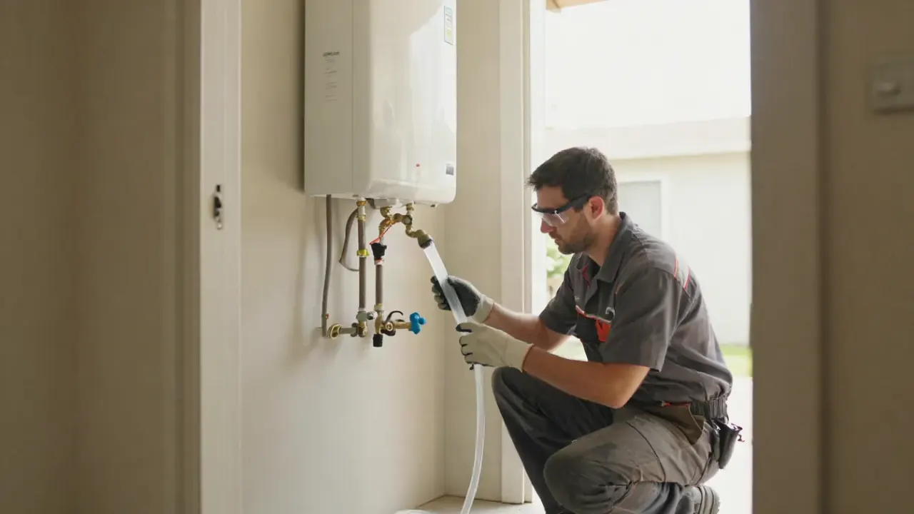 Tankless Flush & Descaling in Aliso Viejo, California: plumber monitoring the clear return hose during a descaling cycle for
