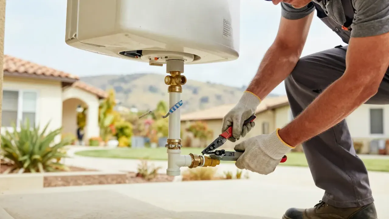 Water Heater Repair in Aliso Viejo, California: Close-up of a plumber's gloved hands tightening a PEX pipe connection to a