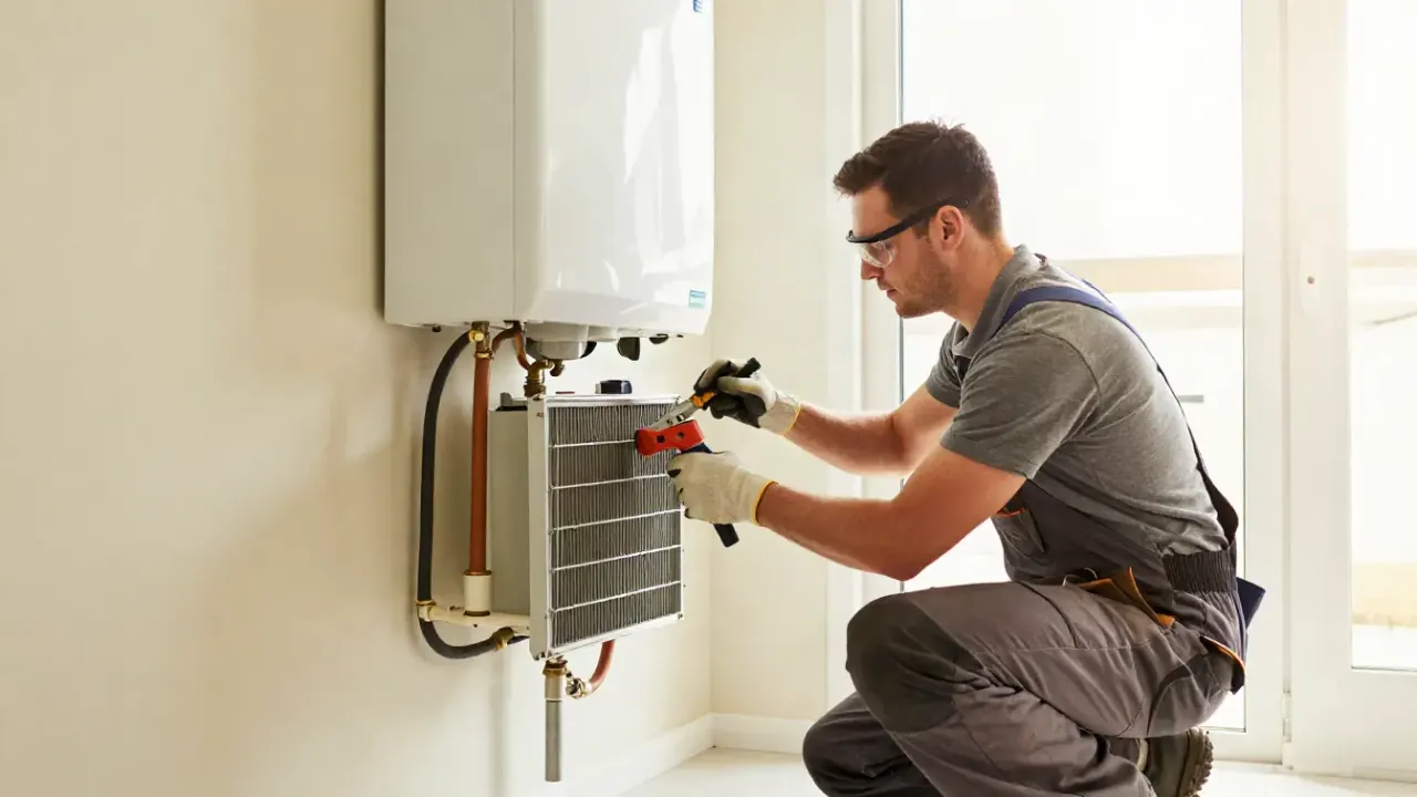 Tankless Water Heater Repair in Aliso Viejo, California: plumber using a specialized tool to remove the heat exchanger cover