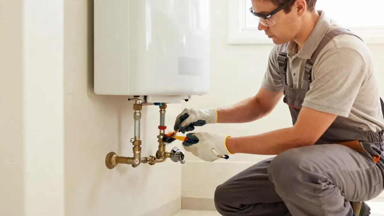 Gas Water Heater Pilot Light & Thermocouple Repair in Aliso Viejo, California: plumber cleaning the thermopile sensor with a